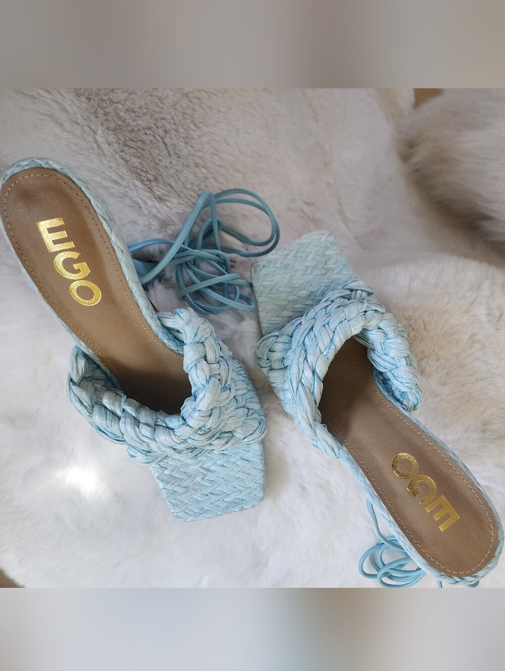 EGO Baby Blue Woven Lace-Up Square Toe Heels | Size US 8